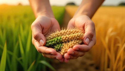 Hands holding wheat stalks with field background showing agriculture and harvest time concept