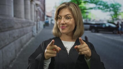 Young blonde judge in black robe pointing finger on city street corner; legal authority confidence. - Powered by Adobe