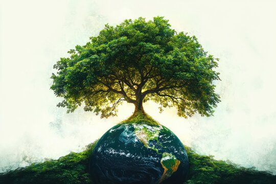 Large mature tree rooted on a realistic globe showing the Americas, surrounded by lush green hills and soft glowing light, conveying hope, protection and environmental harmony