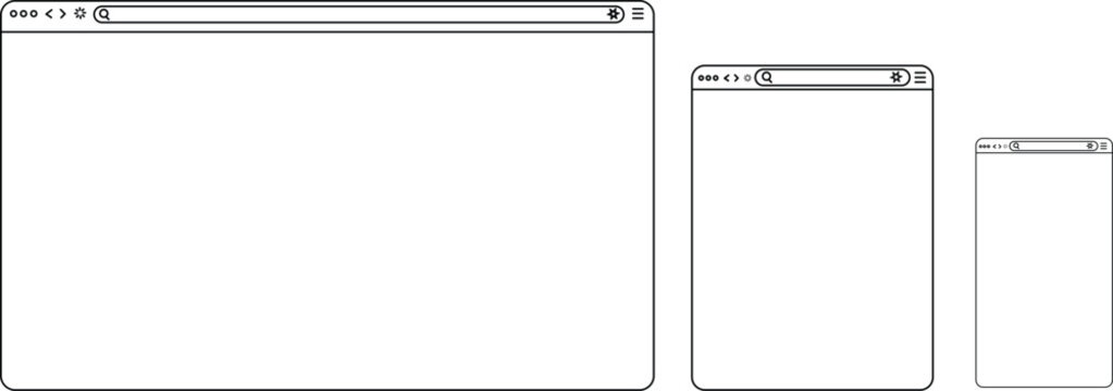 Minimalist vector line art of responsive website design on desktop, tablet, and mobile browsers; clear outline wireframe PNG with transparent background for UI UX mockups, adaptable for presentations,