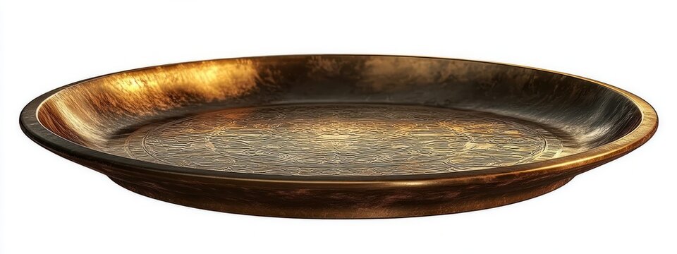 ornate shallow bronze serving platter with embossed decorative center and warm aged patina evoking elegant rustic nostalgia