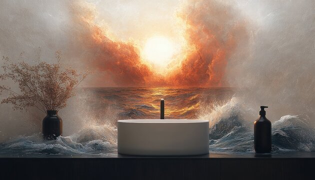 Minimal white vessel sink with black faucet on dark counter, crashing ocean waves and fiery sunset mural behind, dried vase and soap bottle creating a dramatic serene scene - Powered by Adobe