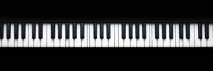 Fototapeta premium Panoramic close-up of a piano keyboard with alternating black and white keys, minimalist high-contrast lighting conveying an elegant, calm and contemplative mood