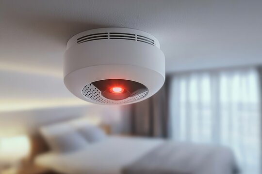 White ceiling smoke detector with glowing red indicator above a blurred modern bedroom, conveying alertness and home safety