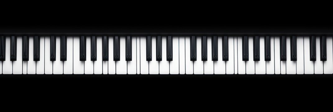 Panoramic close-up of a piano keyboard with alternating black and white keys, minimalist high-contrast lighting conveying an elegant, calm and contemplative mood