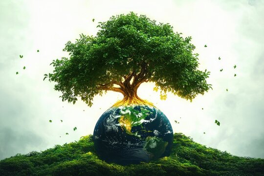 Majestic tree rooted atop a glowing Earth on a green hill, leaves drifting in the breeze, evoking hope, protection and renewal for nature
