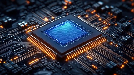 glowing blue microchip mounted on a dark circuit board with illuminated golden traces and pins, conveying high-tech power, precision, and futuristic energy