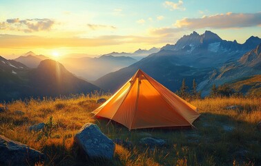 Orange tent pitched on a grassy alpine meadow at sunrise with rocky foreground and jagged mountain peaks under a golden sky, evoking peaceful solitude and awe