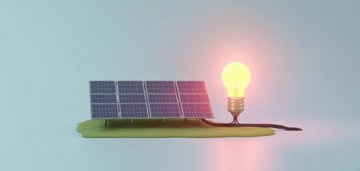 Solar panel array on a small grassy patch connected by a glowing light bulb with cables, symbolizing hopeful clean energy and innovation