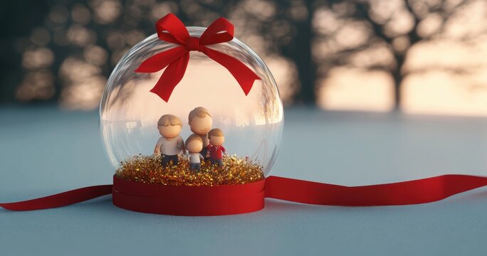 glass dome ornament with four family figurines on golden glitter in a red base and ribbon topped with a red bow, warm cozy feeling of family togetherness against a blurred winter background