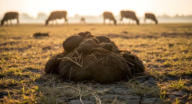 &ldquo;A close-up shot of a pile of dried animal dung lying on a barren, sunlit field.&rdquo;