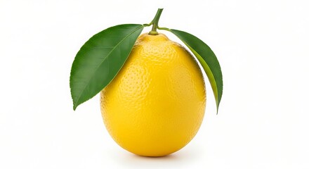 Fresh and Vibrant Lemon with Green Leaves on White Background.