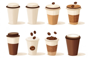 A collection of illustrated coffee cups in various designs and colors. different coffee types. with coffee beans scattered around. perfect for beverage-related graphics or menus