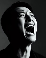 Powerful portrait of a man screaming in anguish, conveying intense emotion and despair in dramatic black and white lighting for impactful storytelling
