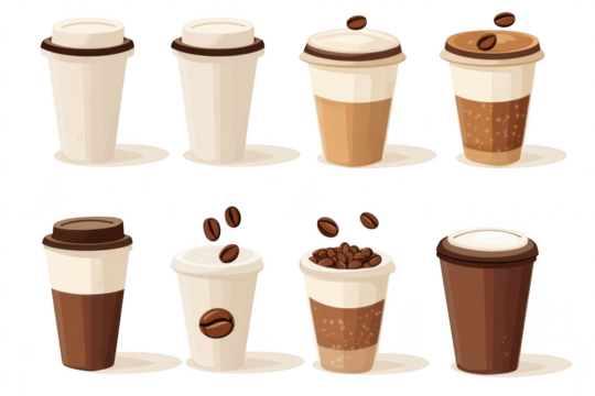 A collection of illustrated coffee cups in various designs and colors. different coffee types. with coffee beans scattered around. perfect for beverage-related graphics or menus