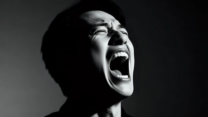 Intense emotional release as a person cries out in anguish, conveying feelings of despair, stress, or trauma in a dramatic, monochrome portrait