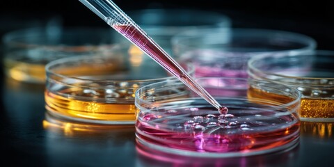 Laboratory Pipette Transfers Liquid into Petri Dishes Surrounded by Colorful Chemical Reactions and Solutions