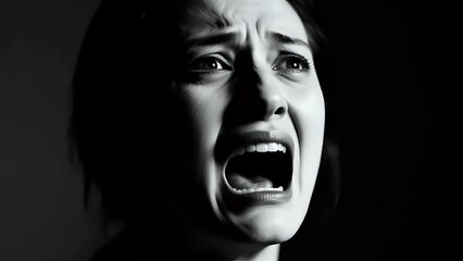 Intense emotion portrait of screaming woman in darkness expressing fear, anxiety, and terror - perfect for dramatic storytelling and mental health campaigns