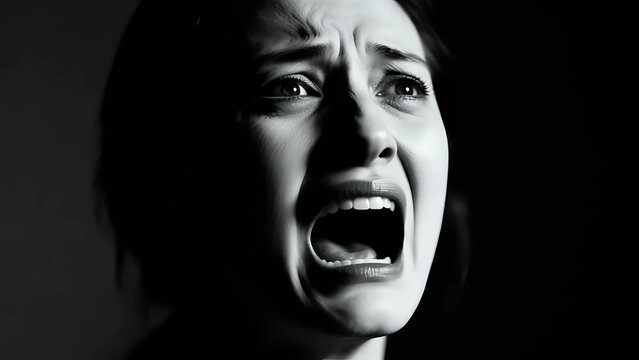 Intense emotion portrait of screaming woman in darkness expressing fear, anxiety, and terror - perfect for dramatic storytelling and mental health campaigns