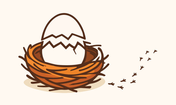 Cracked Egg in Nest Symbolizing New Beginnings and Fresh Starts Illustration