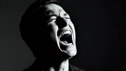 Intense emotional pain with man screaming in agony, expressing frustration and despair in dramatic black and white portrait, capturing raw human emotion