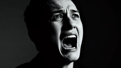 Intense emotion captured in monochrome portrait of screaming person, conveying stress, fear, and powerful feelings for impactful storytelling and dramatic scenes
