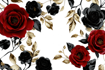 A stunning arrangement of red and black roses intertwined with golden leaves on a soft white background. perfect for elegant invitations or decorative purposes