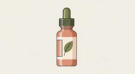 Fototapeta premium Simple illustration of a cosmetic dropper bottle featuring a green leaf emblem against a light background