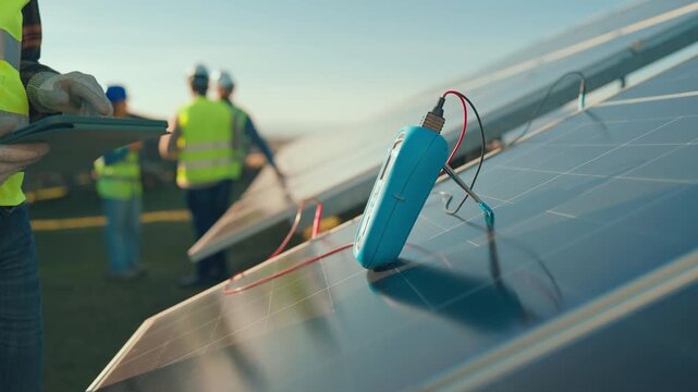 Technicians conduct solar panel maintenance at a renewable energy site