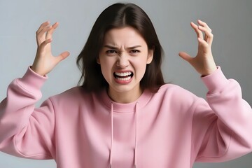 Furious young woman expressing intense frustration with raised hands, wear pink hoodie conveys emotion, stress, and anger in a powerful portrait