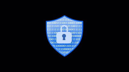 blue cyber security shield icon, data protection and network safety. features padlock with binary code 1 and  visually data flow, and encryption processes. 4k alpha channel animation - Powered by Adobe
