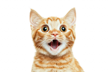 A close-up of a surprised orange tabby cat with large eyes and an open mouth. set against a plain white background. the cats expressive features and playful demeanor