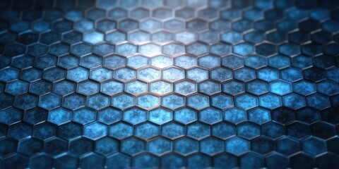 shiny blue metallic hexagonal honeycomb grid of textured reflective tiles with glowing center, deep 3d depth and a cool futuristic mysterious atmosphere