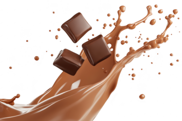 A dynamic splash of rich chocolate with three glossy chocolate squares being propelled into the air. a delightful dessert scene perfect for culinary or confectionery use