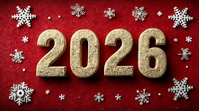 Festive 2026 New Year's image with golden numbers and snowflakes on a red background.