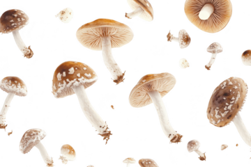 A captivating arrangement of various mushroom species floating against a white background. their unique shapes and textures. ideal for culinary or botanical uses