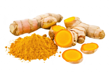 Fresh turmeric roots and ground turmeric powder arranged artistically. orange flesh and earthy tones. ideal for culinary and health-related uses
