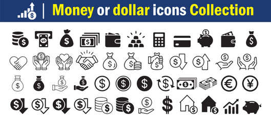Finance and Dollar Icon Set in Black Vector Style. Money, currency, and transaction symbols. Vector Illustration