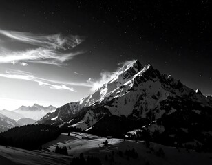 A black and white depiction of a snow-covered mountain range under a starry night sky. Clouds drift