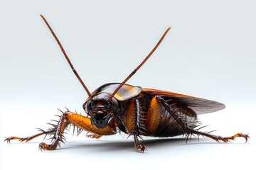 close-up of a glossy brown cockroach with long segmented antennae, spiny legs and folded wings on a clean white background, unsettling and intense
