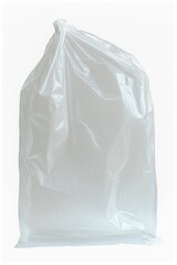 Fototapeta premium tied translucent white plastic garbage bag with crinkled folds and reflective sheen on a clean white background, evoking a stark, minimal, sterile mood