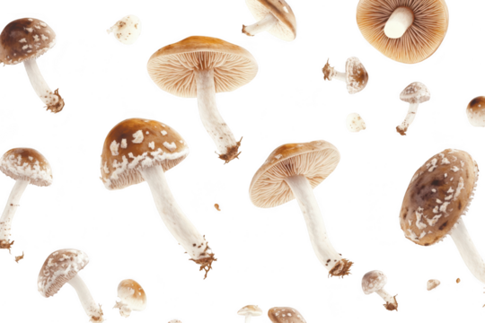 A captivating arrangement of various mushroom species floating against a white background. their unique shapes and textures. ideal for culinary or botanical uses