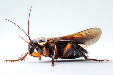 close-up of a glossy brown cockroach with long antennae, translucent wings and spiny legs on a white background, detailed unsettling macro portrait