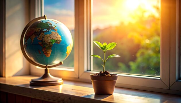 A sunlit window sill features a globe and a small potted plant, suggesting growth and global awareness