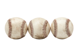 Three worn baseballs in a row, stained and stitched