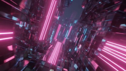 Abstract tunnel of glowing pink and blue neon lights and reflective geometric surfaces image - Powered by Adobe