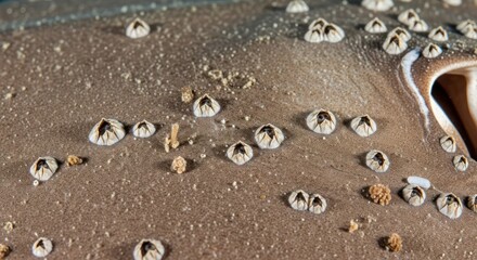 Barnacles clinging to a shark skin, an intricate pattern of marine life in close-up detail