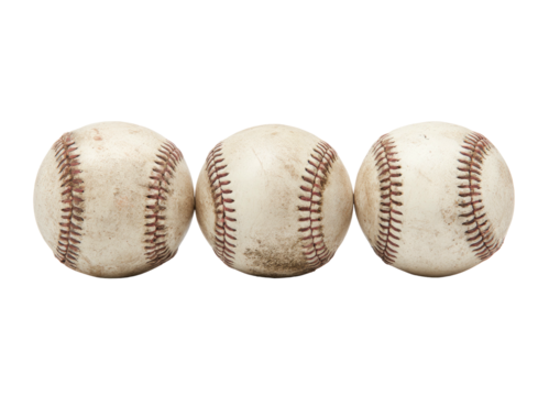Three worn baseballs in a row, stained and stitched