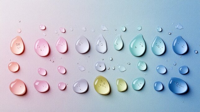 A collection of colorful liquid drops, ranging from clear to pink, yellow, teal, and blue, are arranged in rows on a soft gradient background.