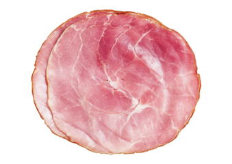 Sliced ham stack, pink texture, isolated on black